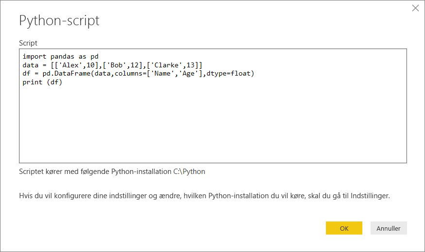 Screenshot that shows pasting the sample Python script into the Python script dialog box.