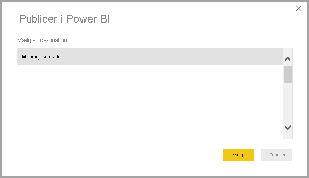 Skærmbillede, der viser Publicer på Power BI-tjeneste.