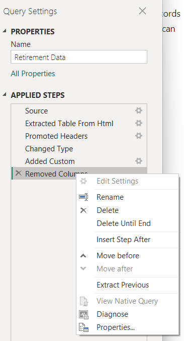 Screenshot of Power Query Editor's Applied Steps context menu.