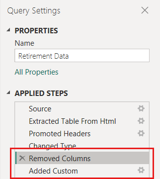 Screenshot of Power Query Editor's Applied Steps list with the Removed Columns step now moved above the Custom Column step.