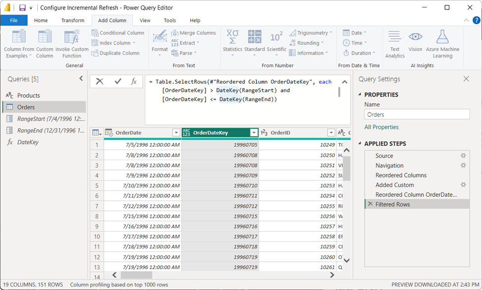 Power BI table showing DateKey filter.