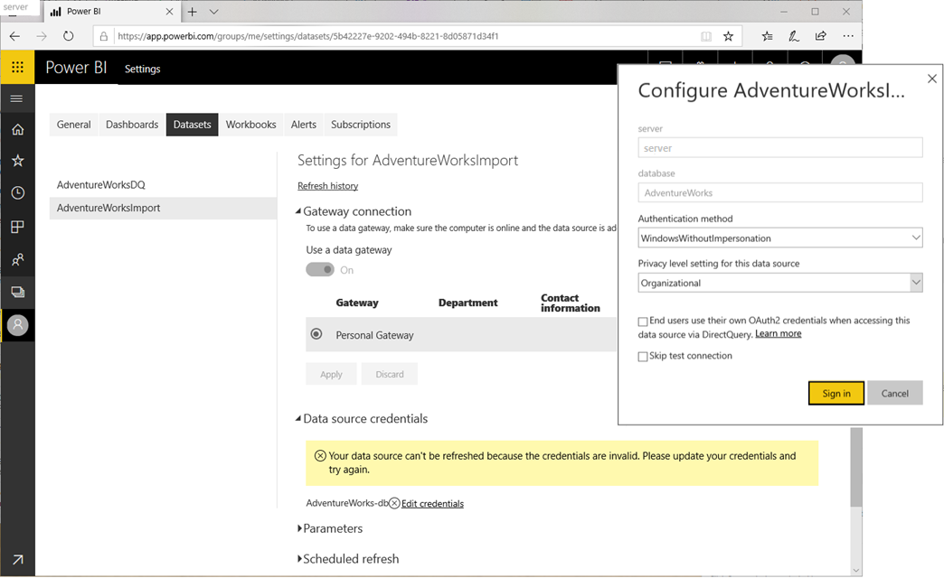 Konfigurer legitimationsoplysninger for datakilden for gatewayen