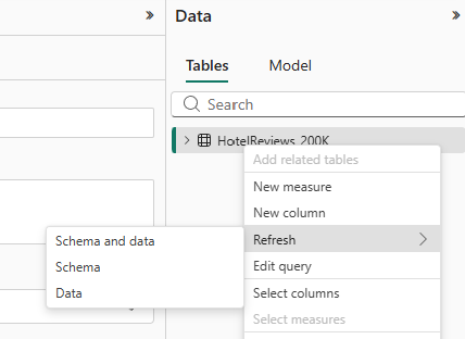 Skærmbillede af Power BI, der viser indstillingerne for opdatering af data.
