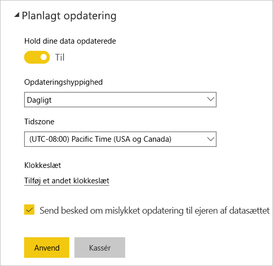 Skærmbillede af indstillinger for planlagt opdatering, der viser hyppighed og tidsintervaller for en semantisk model.