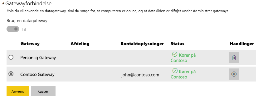 Screenshot that shows the gateway connection settings.