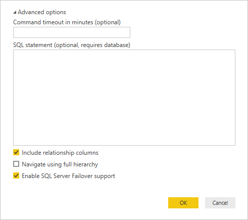 Skærmbillede af avancerede indstillinger for SQL Server