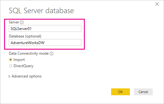 Skærmbillede af dialogboksen SQL Server-database.