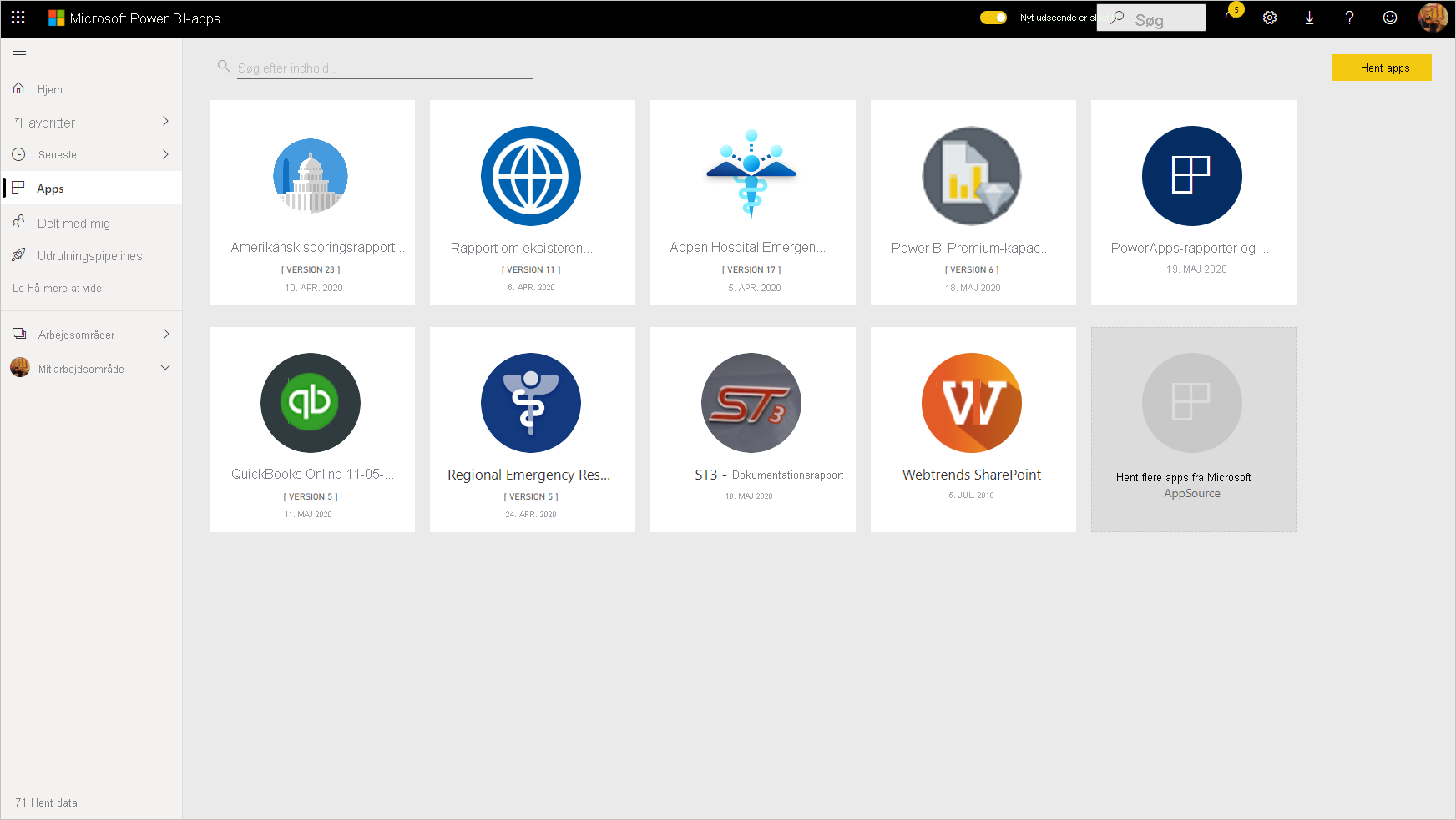 Screenshot of the Power BI apps page with get apps highlighted.