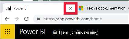 A screenshot showing the x on the browser tab to close Power BI.