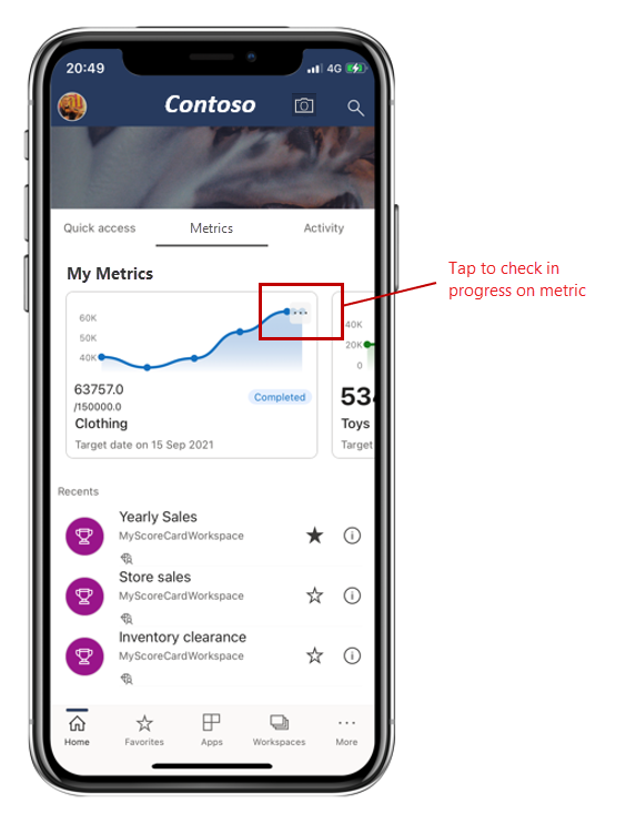 Screenshot of metrics hub in the Power BI mobile app.
