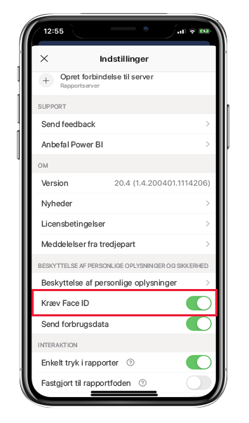 Power BI iOS app setting page