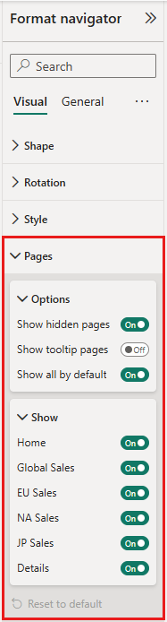 Skærmbillede af navigatoren Formatér, der fremhæver indstillingerne for Sider.