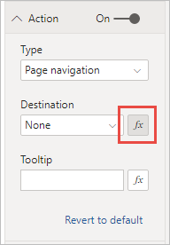 Skærmbillede af ruden Formatnavigator med Handling slået til. For Type er sidenavigation valgt. Under Destination er fx-ikonet fremhævet.