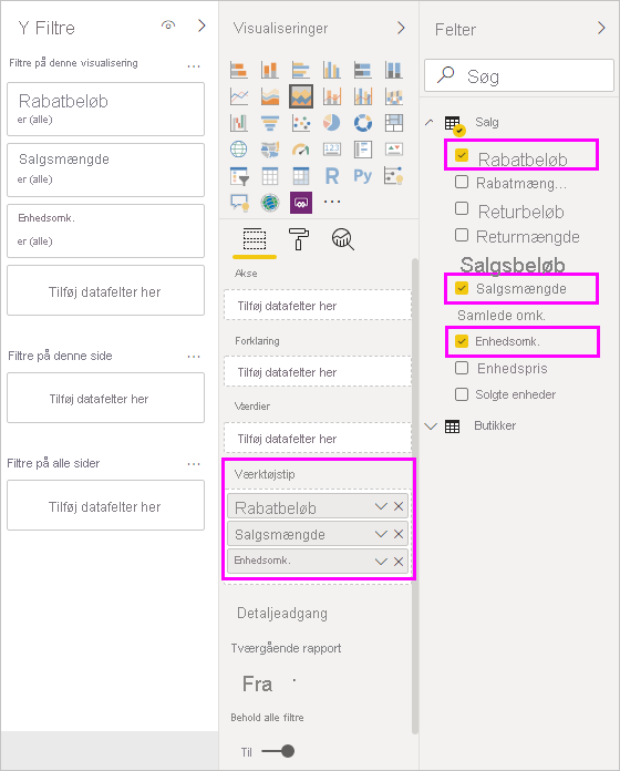 Skærmbillede af Build-visuelt panel, der viser tre felter tilføjet til Tooltip-feltet.