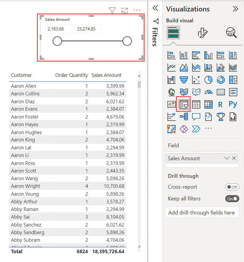 Screenshot of a visual, highlighting a numeric range slicer.