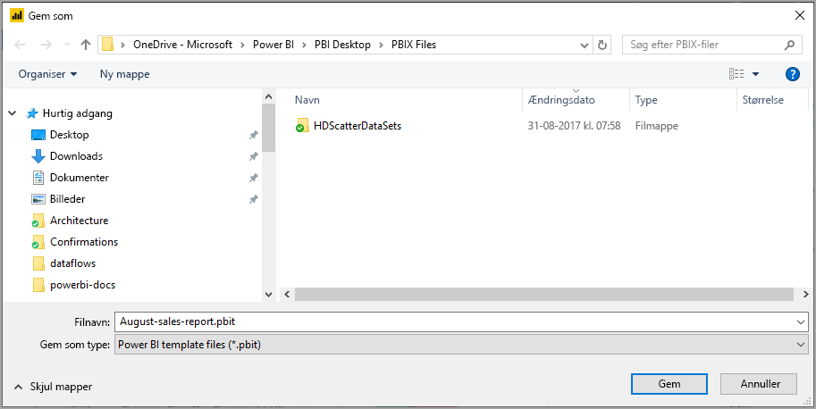 Skærmbillede af dialogboksen Gem som, hvor du angiver en filplacering for den eksporterede skabelon.
