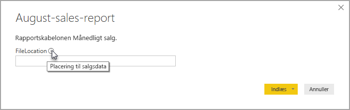 Skærmbillede af en dialogboks for en eksempelparameter, hvor du angiver placeringen af de underliggende rapportdata.
