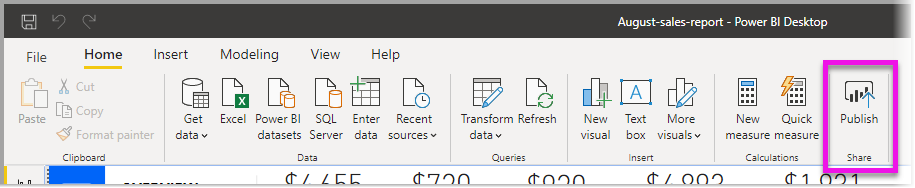 Skærmbillede af båndet Power BI Start med fremhævning af Publicer.