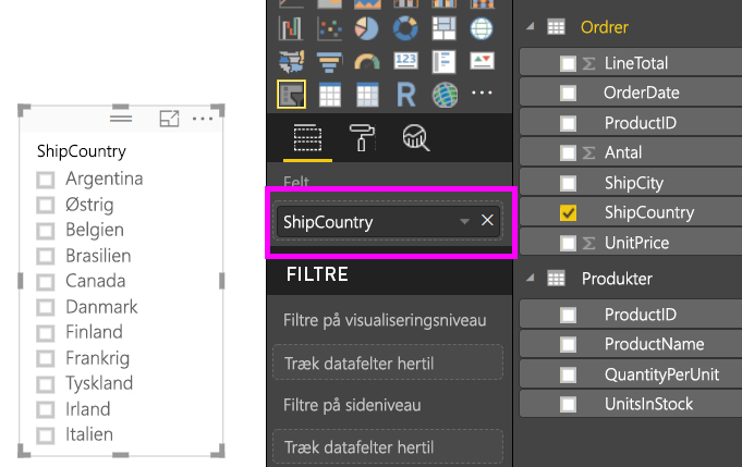 Screenshot shows a field that has been added to the slicer in Power BI Desktop.