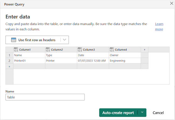 Screenshot that shows the Power Query UX for adding data manually in the Power BI service.