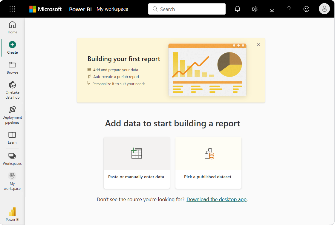 Screenshot showing the new experience for loading data in the Power BI service.