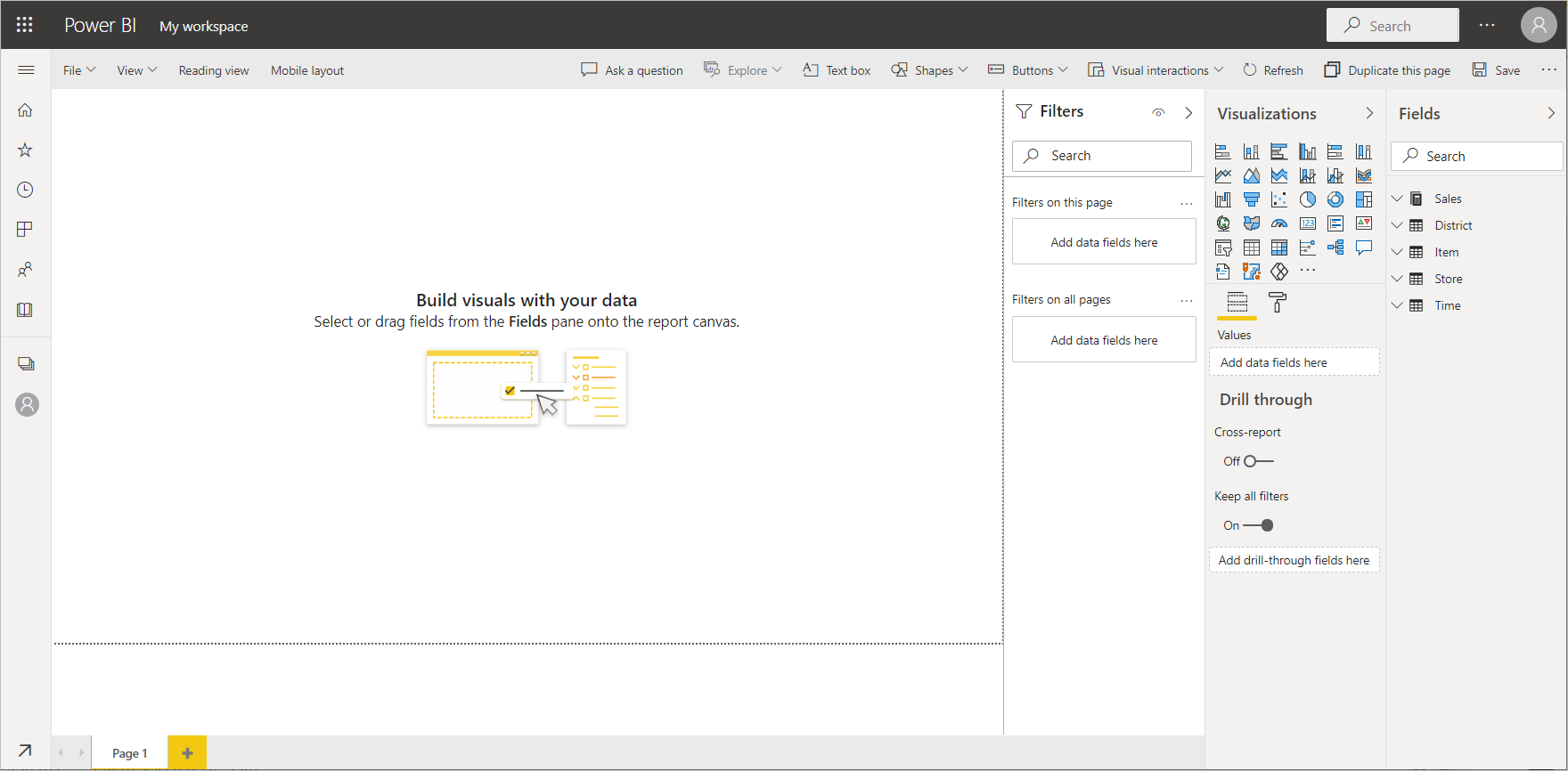 Skærmbillede af Power BI-tjeneste rapporteditor.