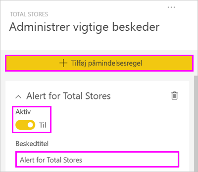 Screenshot of the Manage alerts window, highlighting Add alert rule, the Alert total set to on, and Alert for Total Stores.