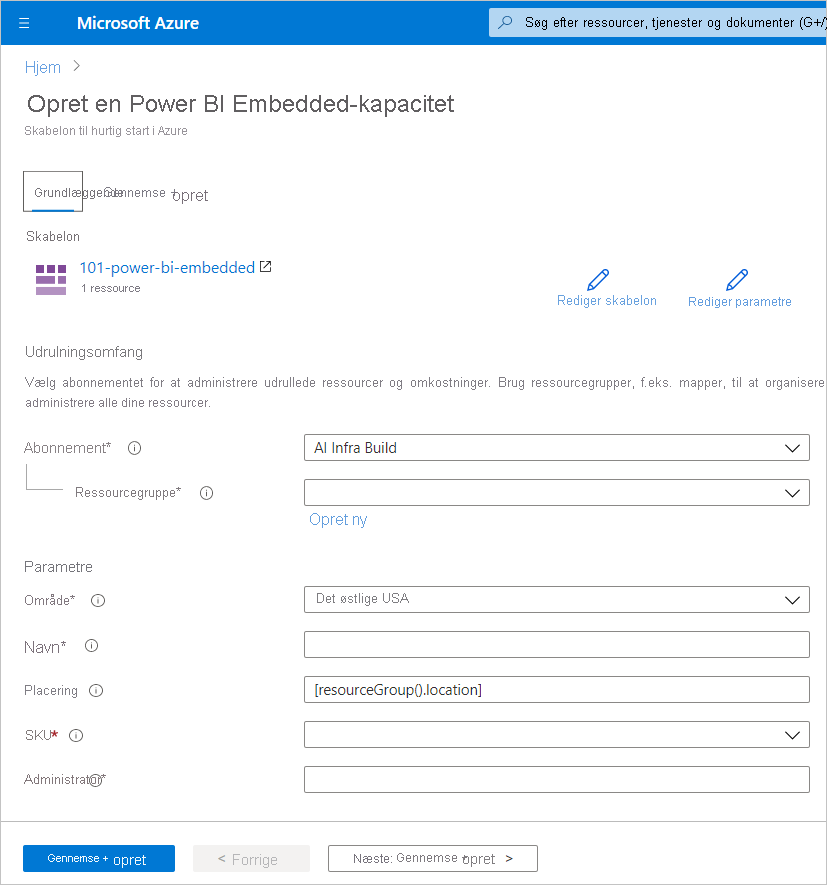 Skærmbillede, der viser fanen Grundlæggende på siden Opret en Power BI Embedded-kapacitet for at oprette ny kapacitet i Azure-portal.