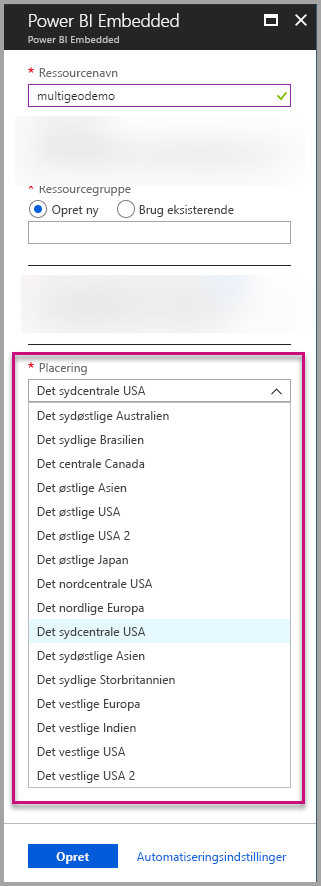 Screenshot of the Azure portal capacity creation screen, which shows the highlighted location drop-down menu.