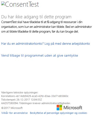 Skærmbillede af dialogboksen til logon af Azure-portal vindue, som viser tilladelsesfejlen Samtykketest.