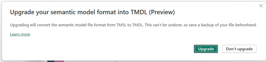 Skærmbillede af prompten om at opgradere semantisk modelmappe til TMDL.