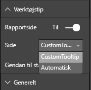 Skærmbillede, der viser dialogboksen Værktøjstip til rapportside.