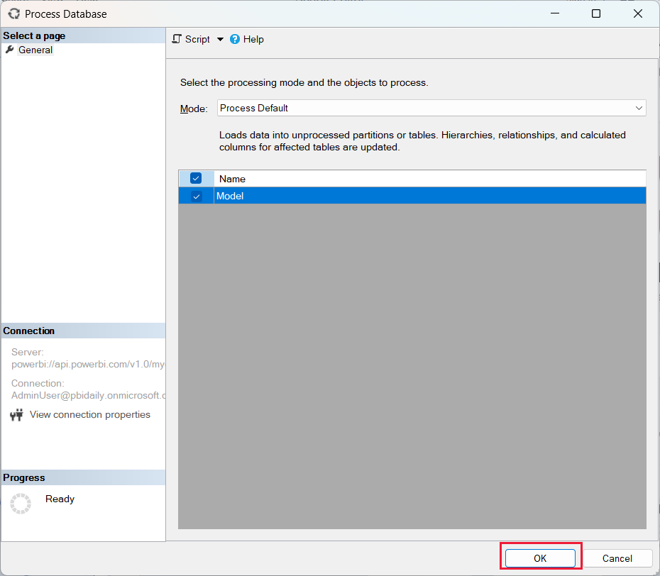 A screenshot showing the process database window with the O K button highlighted.