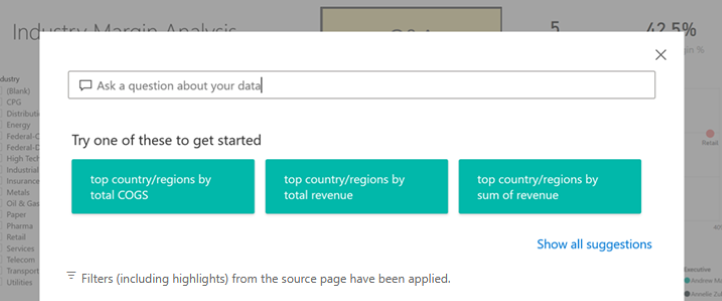 Skærmbillede af et åbent Power BI Q&A Explorer-vindue med foreslåede spørgsmål.