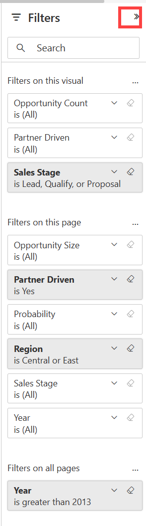 Skærmbillede af filterpanelet udvidet.