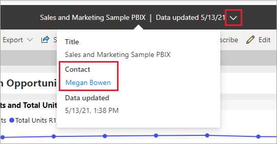 Skærmbillede af rullemenuen med udvidelsesikonet og kontaktnavnet fremhævet.