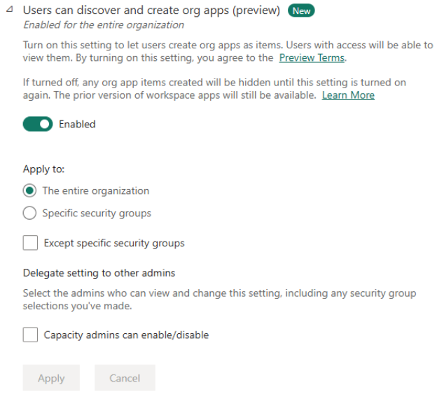 Skærmbillede af Fabric admin-portalens lejerindstillinger for org-apps.