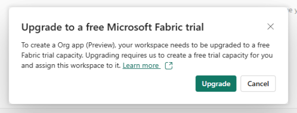 Skærmbillede af Upgrade to Fabric-prøve-modalen.