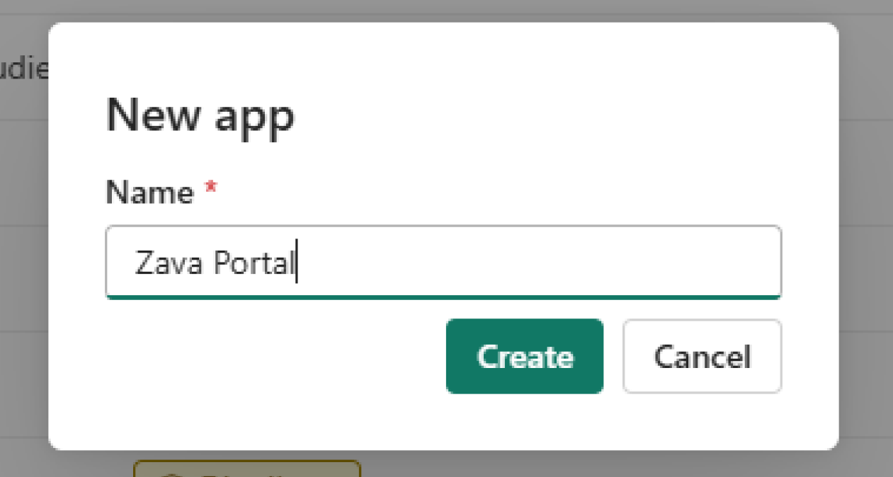 Skærmbillede af den nye app-modal med et navn indtastet og Opskab-knappen.