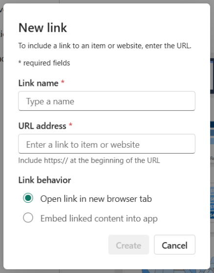 Skærmbillede af modalen Tilføj et link til en organisationsapp.