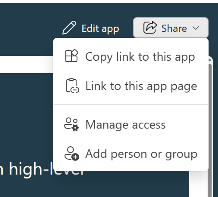 Skærmbillede af Del-menuen for en org-app med muligheder for Kopier link til denne app, Link til denne app-side, Administrer adgang og Tilføj person eller gruppe.