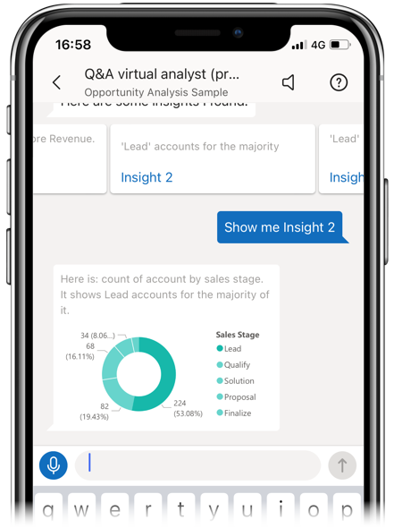 Skærmbillede af virtuel Q&A-analytiker, der viser de bedste salgsindsigtsresultater i Power BI iOS-appen.