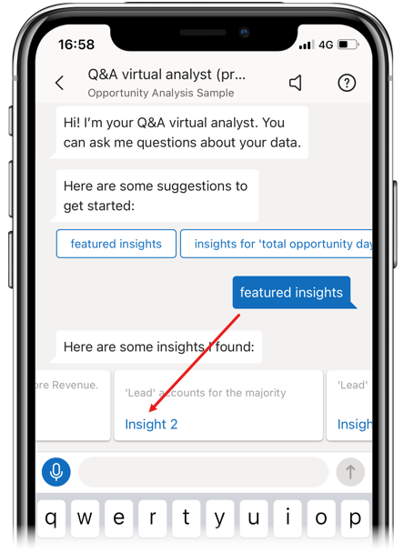 Skærmbillede af udvalgt indsigtskarrusel med Insight 2-kort synligt i virtuel Q&A-analytiker.