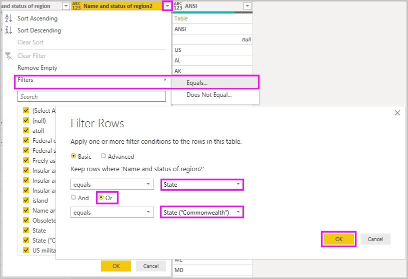 Screenshot of Power B I Desktop showing the Power Query Editor's Filter Rows query box.