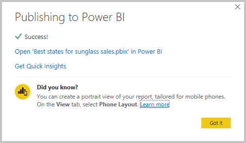 Skærmbillede af Power BI Desktop, der viser meddelelsen om vellykket publicering.