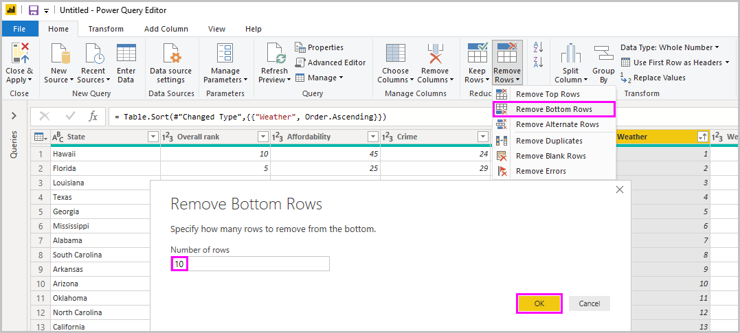 Screenshot of Power B I Desktop showing the Remove Bottom Rows dialog box.