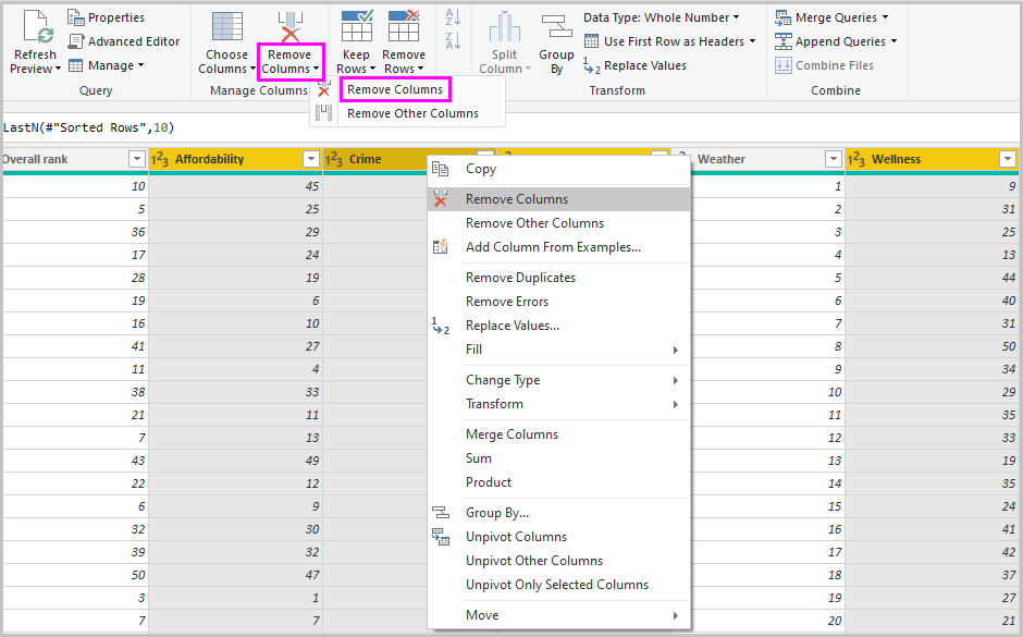 Screenshot of Power B I Desktop showing Remove Columns added to Applied Steps.