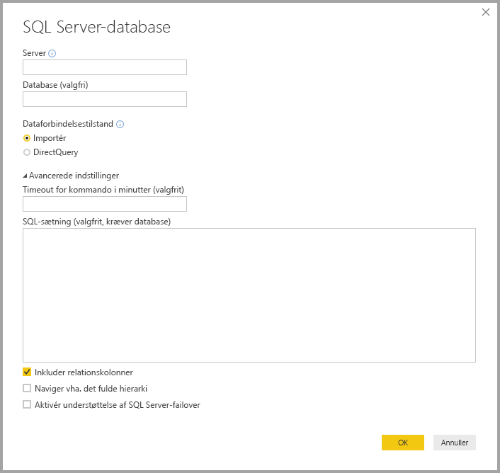 Screenshot of Power BI Desktop showing SQL Server database dialog box.