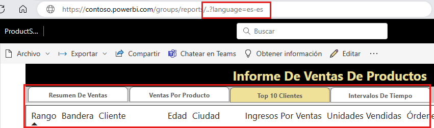 Screenshot shows a Power BI service experience with es-ES selected and Spanish values displayed.