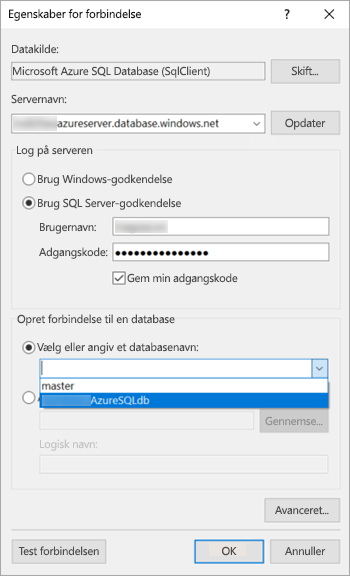 Skærmbillede af dialogboksen Forbindelsesegenskaber, der viser, hvor du kan finde indstillingerne Opret forbindelse til en database.